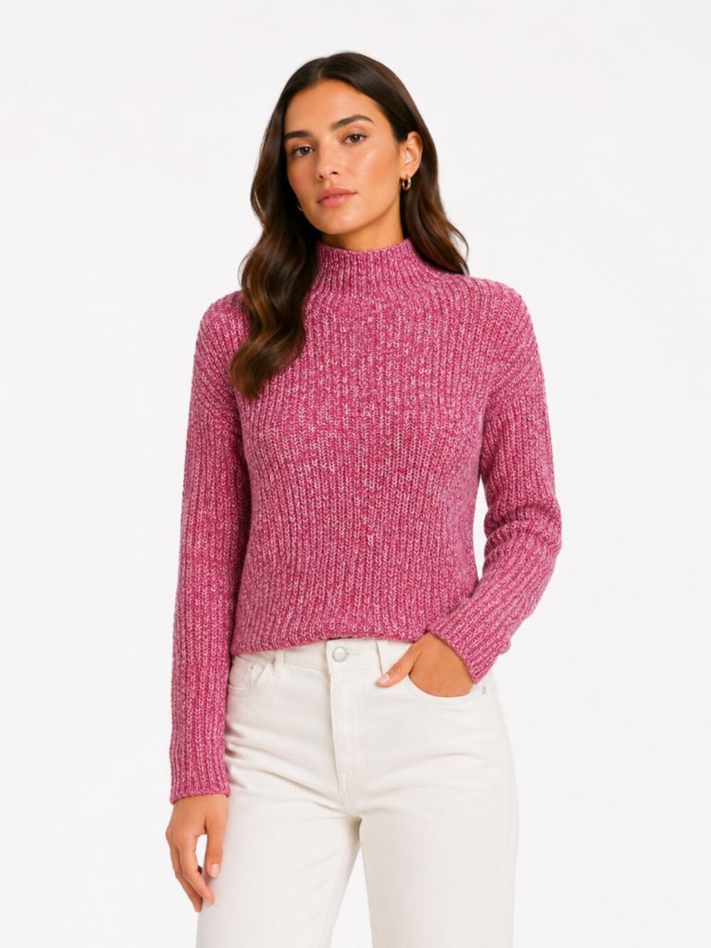ARITZIA WILFRED WARM PINK WHITE MARLED MOCK NECK DROP SHOULDER SWEATER - S
